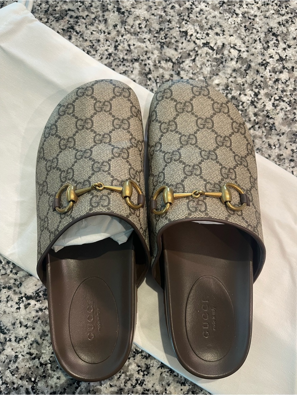 Gucci Brown Beige GG Supreme Horsebit Slide Mules